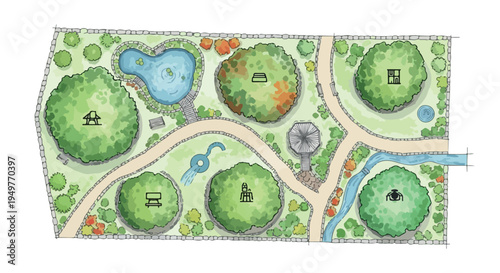 Top-Down Hand-Drawn Park Landscape Design Plan