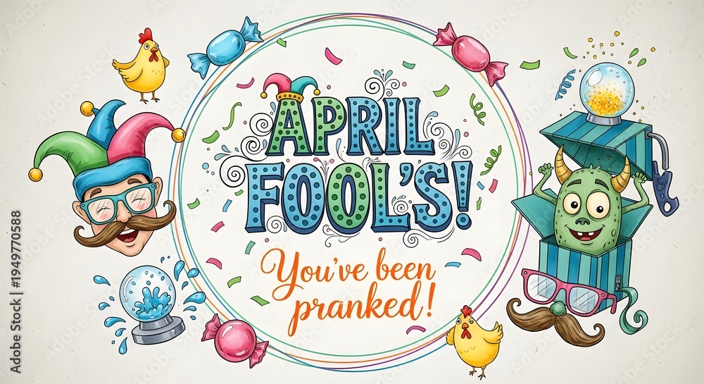 Fototapeta premium Colorful illustration of april fools day prank with jester and green creature on beige background