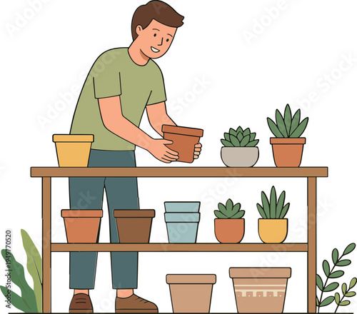 A man is arranging potted plants on a shelf in a garden setting.