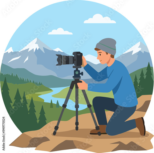 Man taking a photo of a scenic mountain landscape with a camera on a tripod