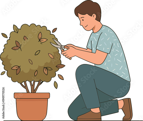 Man kneels down trimming plant with scissors outdoors in garden.