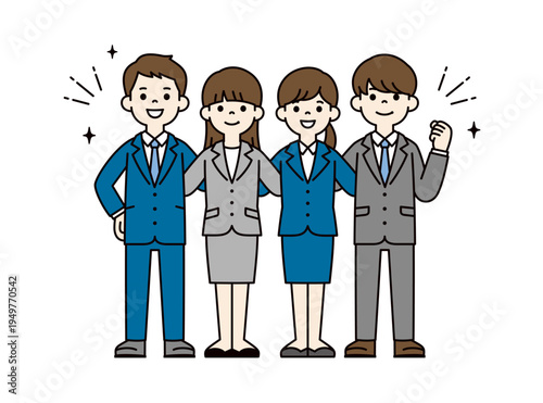 笑顔で肩を組む、就職活動をする複数の男女のビジネスパーソンの全身ベクターイラスト素材