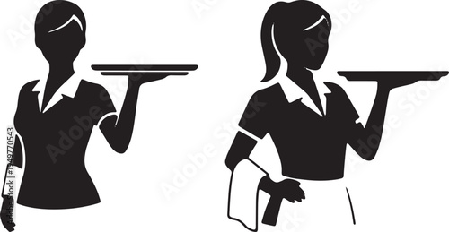 Two waitresses holding trays in a professional setting