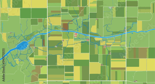Abstract Top-Down Agricultural Crop Fields and River Map Illustration
