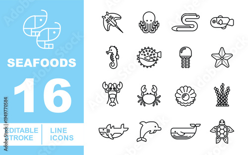 Marine Creatures & Underwater Life Icons. Editable stroke vector icons for aquatic exploration. Featuring stingrays, octopuses, seahorses, pufferfish, lobsters, sea turtles, dolphins, and whales