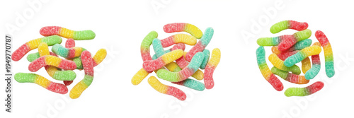 Tableau sur toile Set of colorful gummy worms candies with sugar coating isolated on transparent p