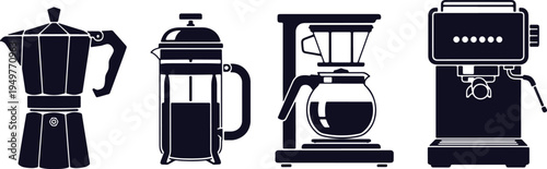 Four iconic methods of making coffee illustrated in black and white