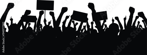 Black silhouette of a protesting crowd with raised fists and blank placards isolated on white background for social justice activism and revolution design