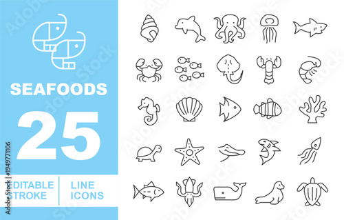 Aquatic Animals & Marine Life Icons. Editable stroke vector icons for ocean exploration. Featuring dolphins, sharks, octopuses, seahorses, sea turtles, whales, and coral reefs for aquarium or marine