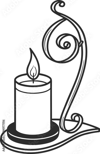 Decorative Candle Holder with Burning Candle Minimal Line Art Illustration