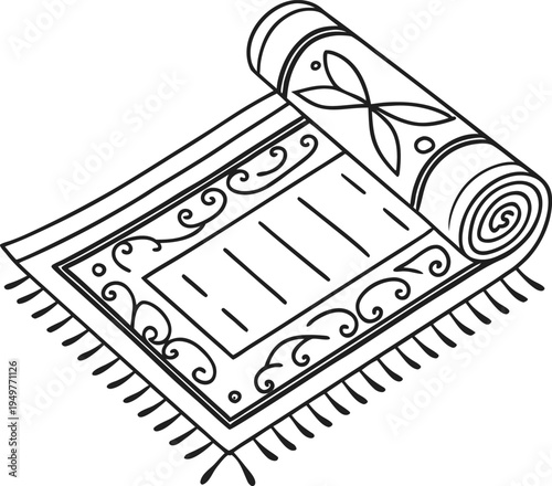 Rolled Decorative Carpet Rug Line Art Illustration – Ornamental Floor Mat Outline Vector