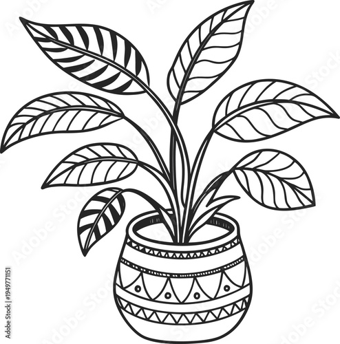 Decorative Potted Houseplant Line Art – Indoor Plant in Pattern Pot Vector Illustration