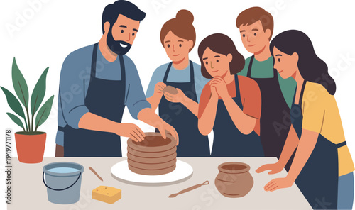 People are gathered around a table making pottery together indoors.