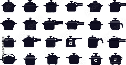 Collection of diverse kitchen cookware and pressure cookers in black silhouette style