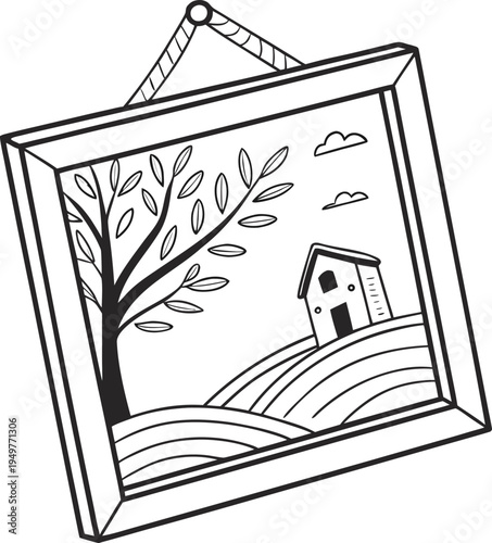 Minimalist Rural Landscape Picture Frame Illustration with Tree and House Line Art