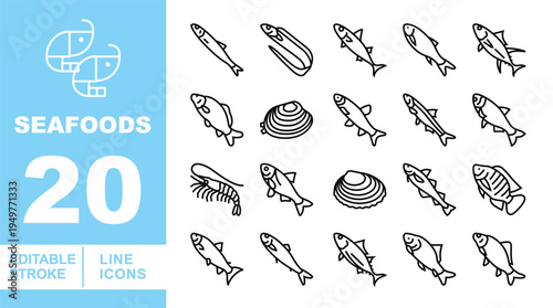 Freshwater Fish, Marine Species, and Edible Seafood Line Icons. Editable stroke icons for fisheries and aquatic research. Featuring salmon, trout, eel, shrimp, clams, mussels, and fish silhouettes