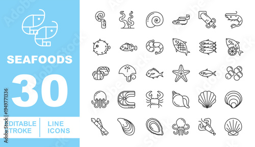 Ocean Marine Life & Seafood Market Icons. Editable stroke vector icons for culinary and aquatic themes. Featuring octopus tentacles, seashells, crabs, prawns, fish steaks, and various sea creatures