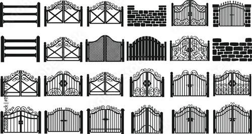Large collection of decorative gate silhouettes featuring wrought iron designs ornamental metal fences wooden garden entries and stone walls isolated on white background vector illustration set.