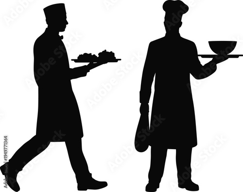 Chef waiter silhouette, restaurant staff serving food, cook uniform, catering service, kitchen workers, hospitality concept, tray holding, cooking profession illustration