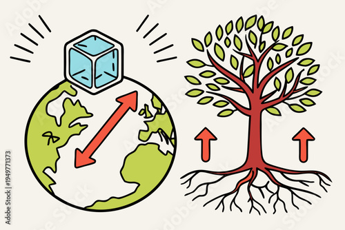 Environmental concept with tree and melting ice cube global warming climate change