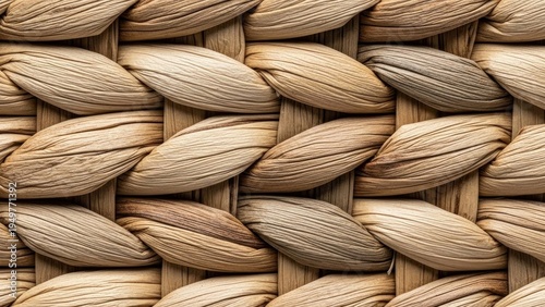 A tightly woven pattern of interlocking oval-shaped strands in varying light brown hues