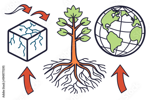 Water cycle process with tree and earth globe roots