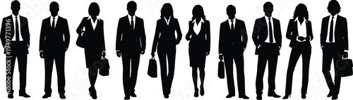 Large set of professional business people silhouettes featuring diverse men and women in formal suits carrying briefcases standing isolated on white background vector illustration.