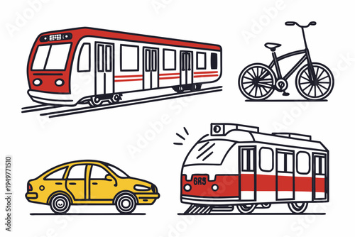 Various urban transportation train tram bicycle transportation urban