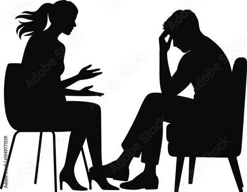 Couple arguing silhouette, relationship problem, man stressed, woman talking, conflict discussion, breakup concept, emotional conversation, psychology therapy, communication illustration vector