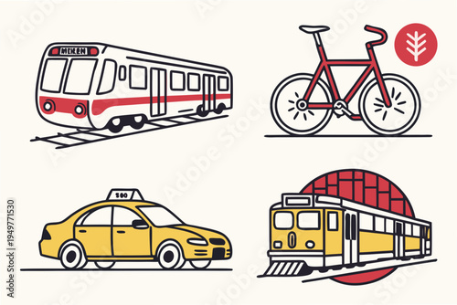 Colorful urban transit train tram bicycle transportation urban