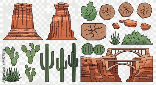 Desert Landscape Elements Vector Set with Canyons, Cacti, Rocks, and Bridges