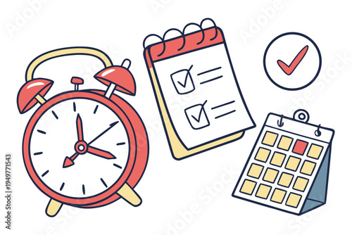 Colorful time management alarm clock calendar checklist planning