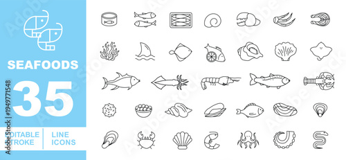 Seafood Market, Fish Products, and Underwater Delicacies Line Icons. Editable stroke icons for restaurants and grocery. Featuring shrimp, lobster, octopus, tuna, crab, oysters, fish fillets, and squid