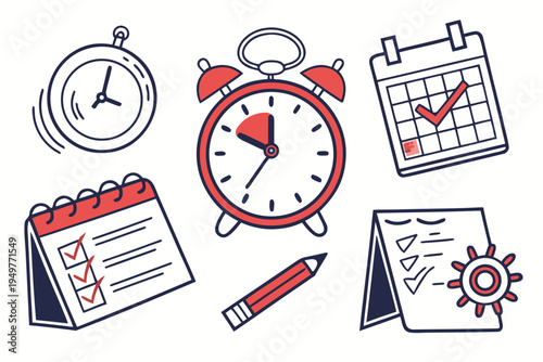 Red and white clock and calendar with to do lists alarm clock pencil checklist