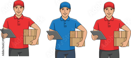 Professional delivery courier character set in red and blue uniforms holding cardboard boxes and digital tablet for shipment tracking isolated on white background vector