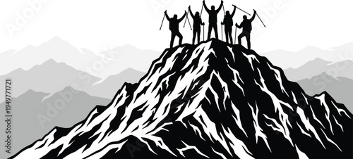 Hikers reaching mountain summit silhouette, team celebrating success on peak, adventure trekking achievement concept, outdoor exploration vector illustration
