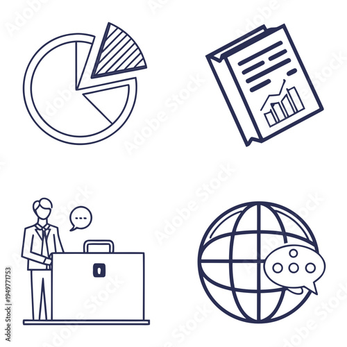 Business with pie chart, document, globe, and briefcase finance
