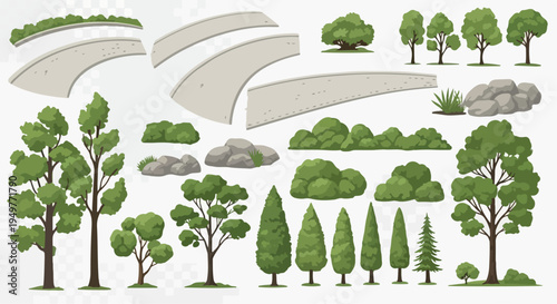 Set of 30 Green Trees, Bushes, Rocks, and Road Elements Vector Illustration