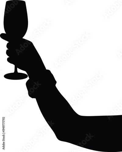 Hand holding wine glass silhouette, toast gesture, celebration drink, alcohol glass, party symbol, champagne toast, elegant hand, beverage illustration vector