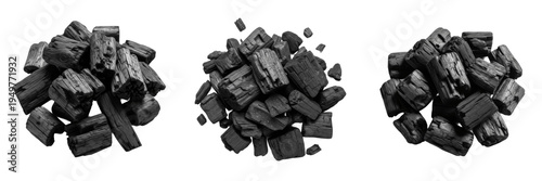Obraz na plátně Set of natural wood charcoal heaps and black coal pieces isolated on transparent