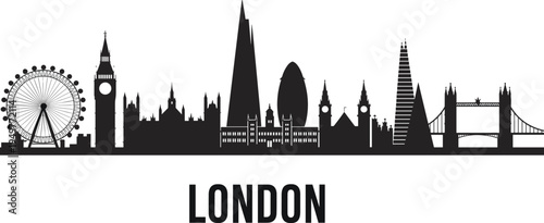 London skyline silhouette, famous landmarks cityscape, Big Ben, Tower Bridge, London Eye, England travel, architecture vector, isolated, black, city outline illustration
