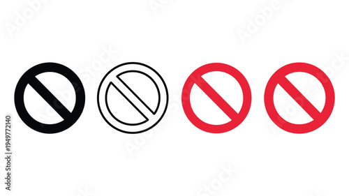 Ban symbol red and black, prohibition sign set in bold red and black colors, universal restriction and forbidden symbols collection, clean vector icons isolated on white background for safety and warn