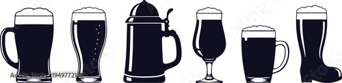 Assorted styles of beer containers and glasses in a classic black and white illustration
