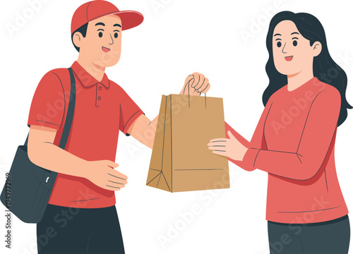 Smiling male courier in red uniform delivering paper shopping bag to happy young woman customer, door-to-door retail service, online order delivery concept illustration.