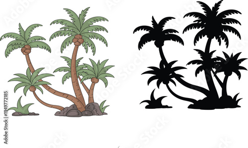 Tropical Coconut Palm Trees Illustration and Black Silhouette Set Isolated on White Background for Summer Beach Vacation Travel Design and Exotic Nature Landscape Decor
