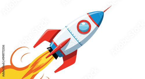 A colorful cartoon rocket ship blasting off into the sky with flames and smoke coming out of its bottom