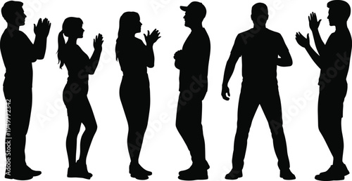 People clapping silhouette set, applause gesture collection, standing crowd, appreciation, success, audience, celebration, human poses, vector, isolated, black, cheering, support