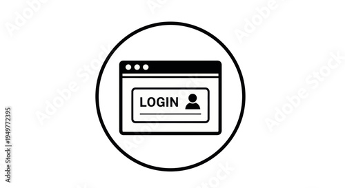 A simple black and white vector graphic icon of a browser window with a login screen in a circle