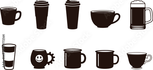 Assorted black and white illustrations of various coffee and drink containers