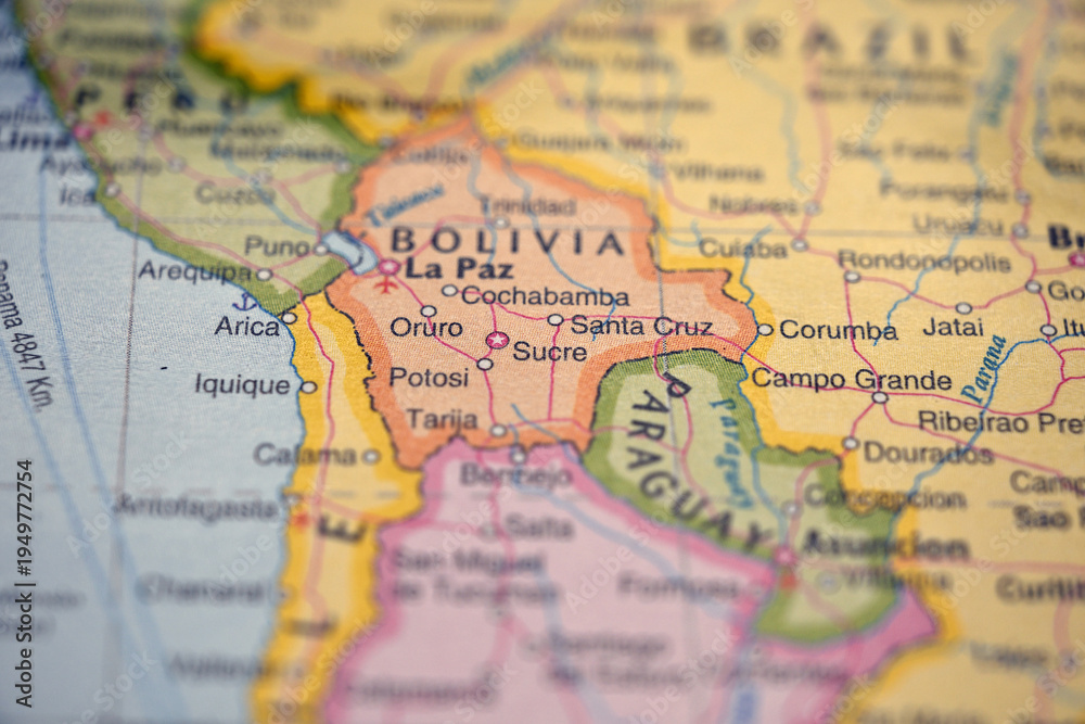 Fototapeta premium Sucre Bolivia – Defocused World Map Location